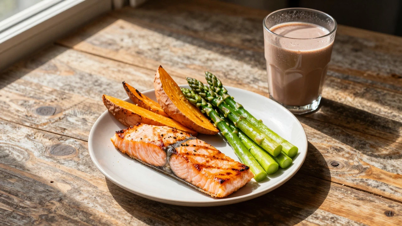 Salmon, sweet potato, and chocolate milk on a wooden table