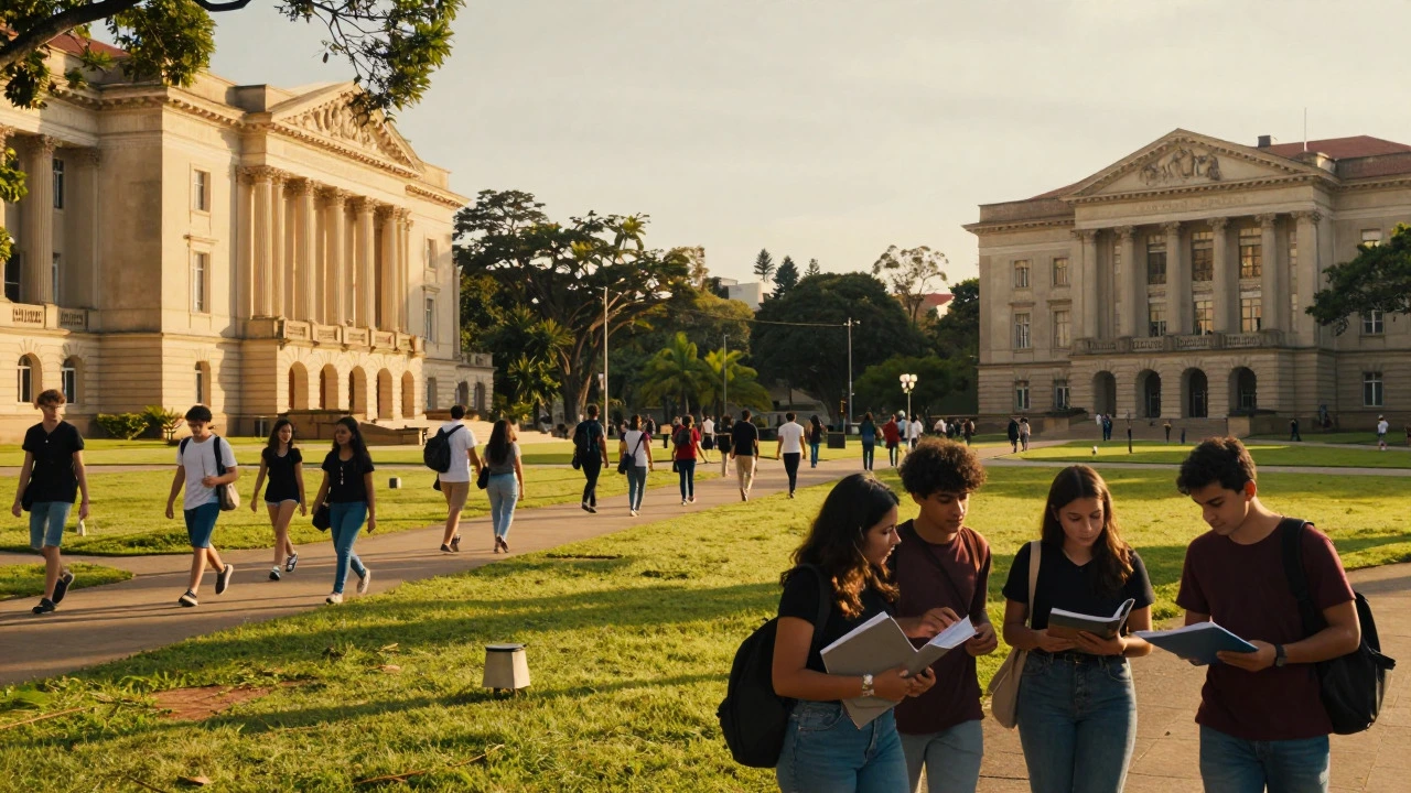 Students walking on prestigious Brazilian university campus at sunset