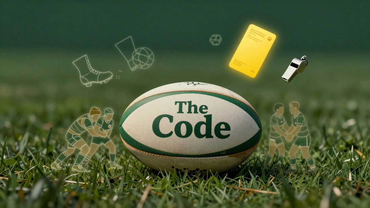 Symbolic art of a rugby ball with cultural elements like a whistle