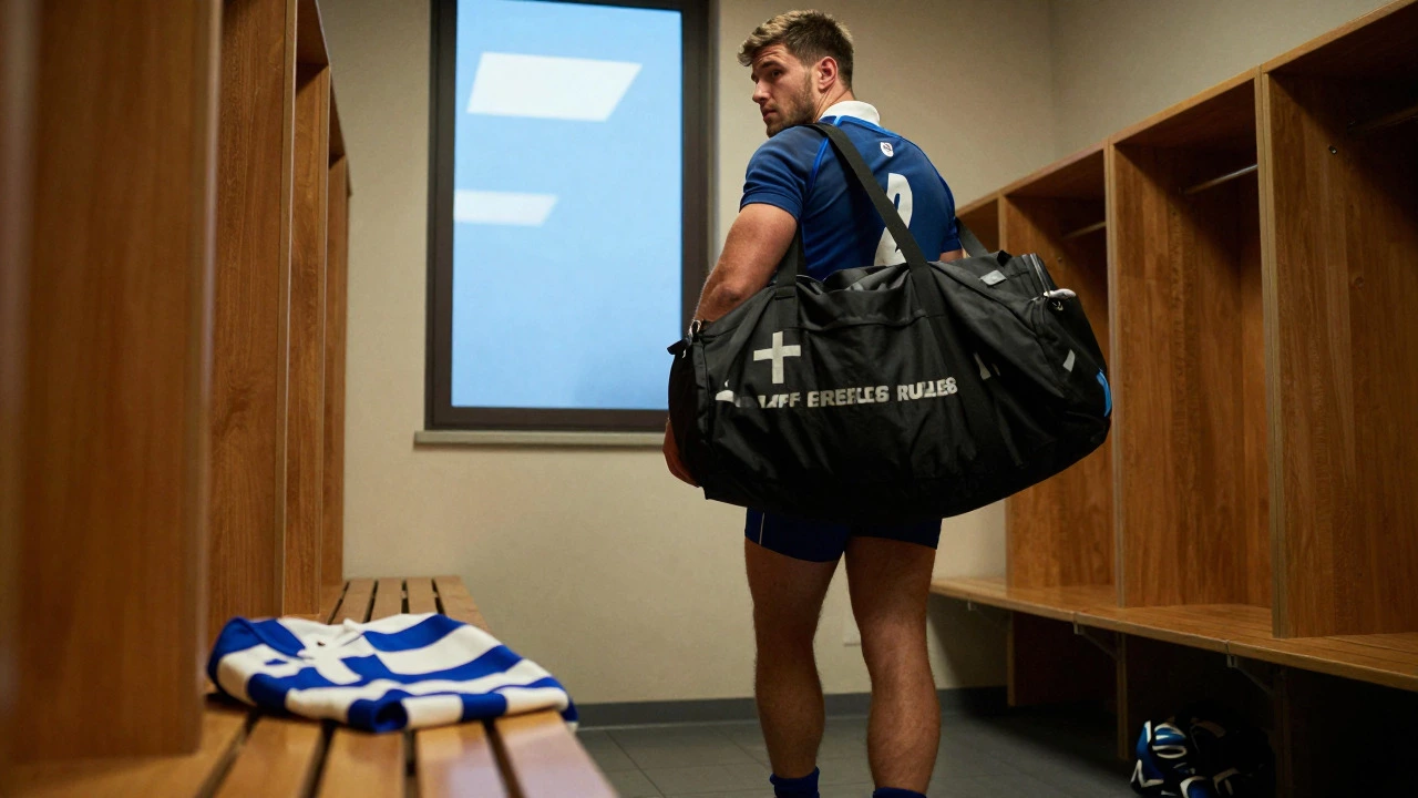 A Greek rugby player walks out of a locker room, reflecting on a missed opportunity