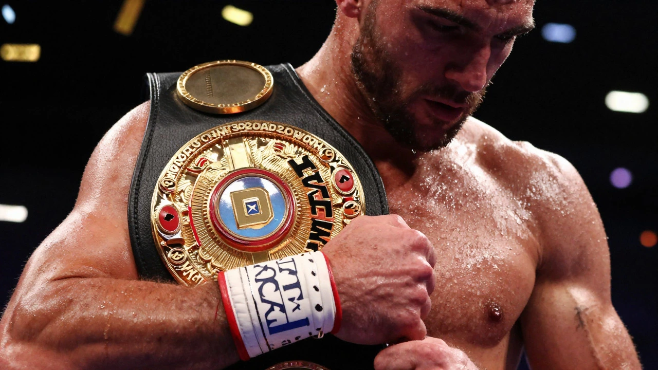 A victorious boxer holding a golden championship belt