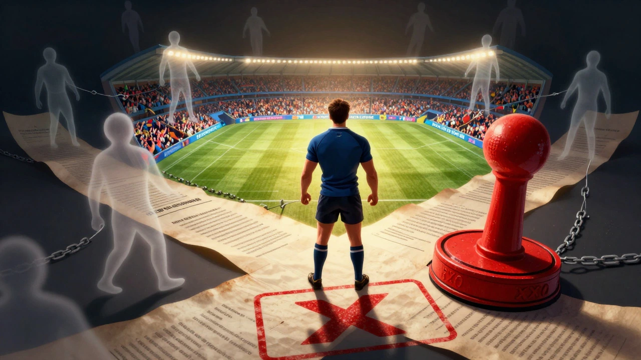 Abstract illustration of a rugby player facing a blocked path to a stadium due to registration rules