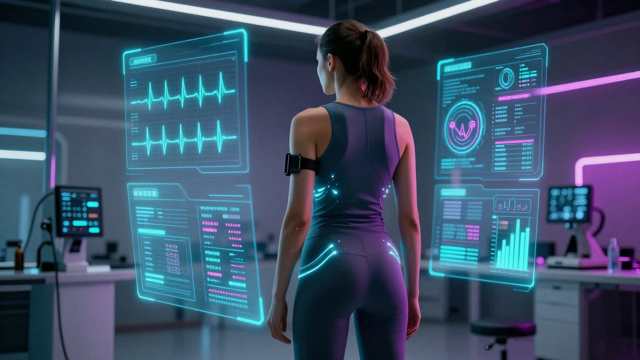 Athlete in smart gear surrounded by holographic biometric data