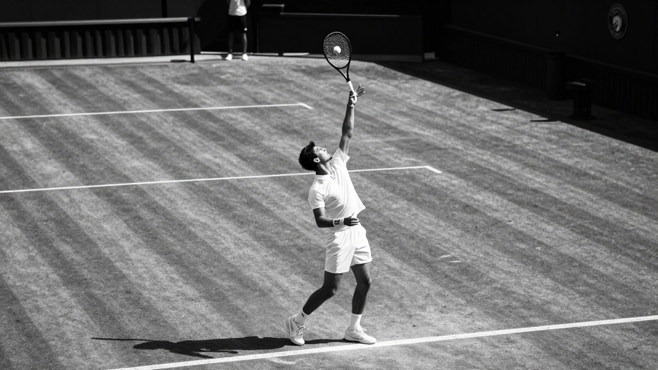 Black and white photo of a tennis player serving on the grass courts of Wimbledon
