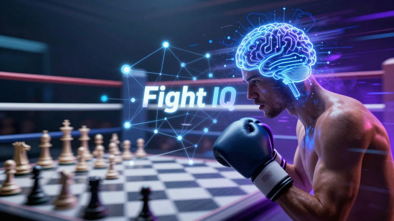 Boxer surrounded by glowing tactical lines, visualizing fight IQ and strategy