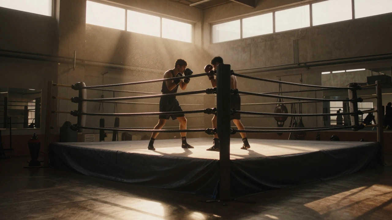 Boxers training in a small, warmly lit gym boxing ring