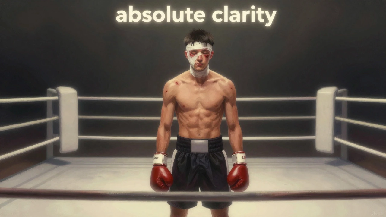 Bruised boxer standing calmly in a bright ring, symbolizing resilience and clarity