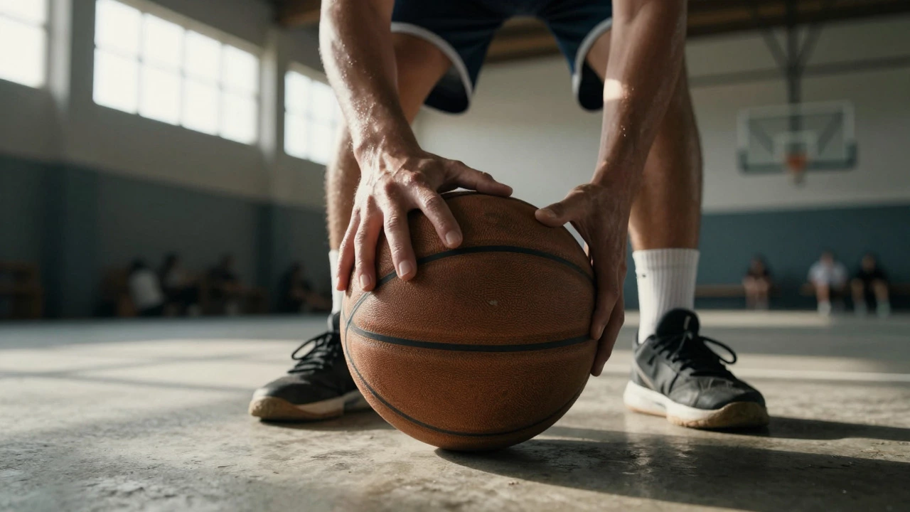 Close up of a basketball player holding a ball in a modest local gymnasium