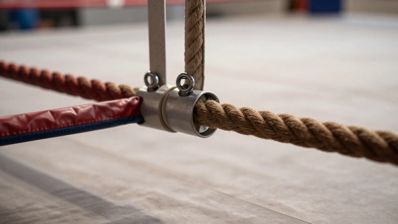Close-up of boxing ring ropes, turnbuckles, and padded corner posts