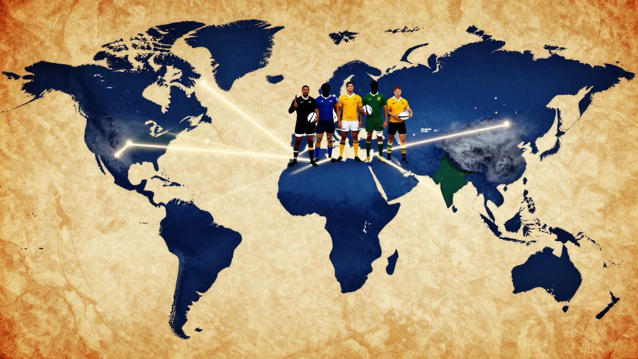 Conceptual art showing rugby spreading globally from England to international teams