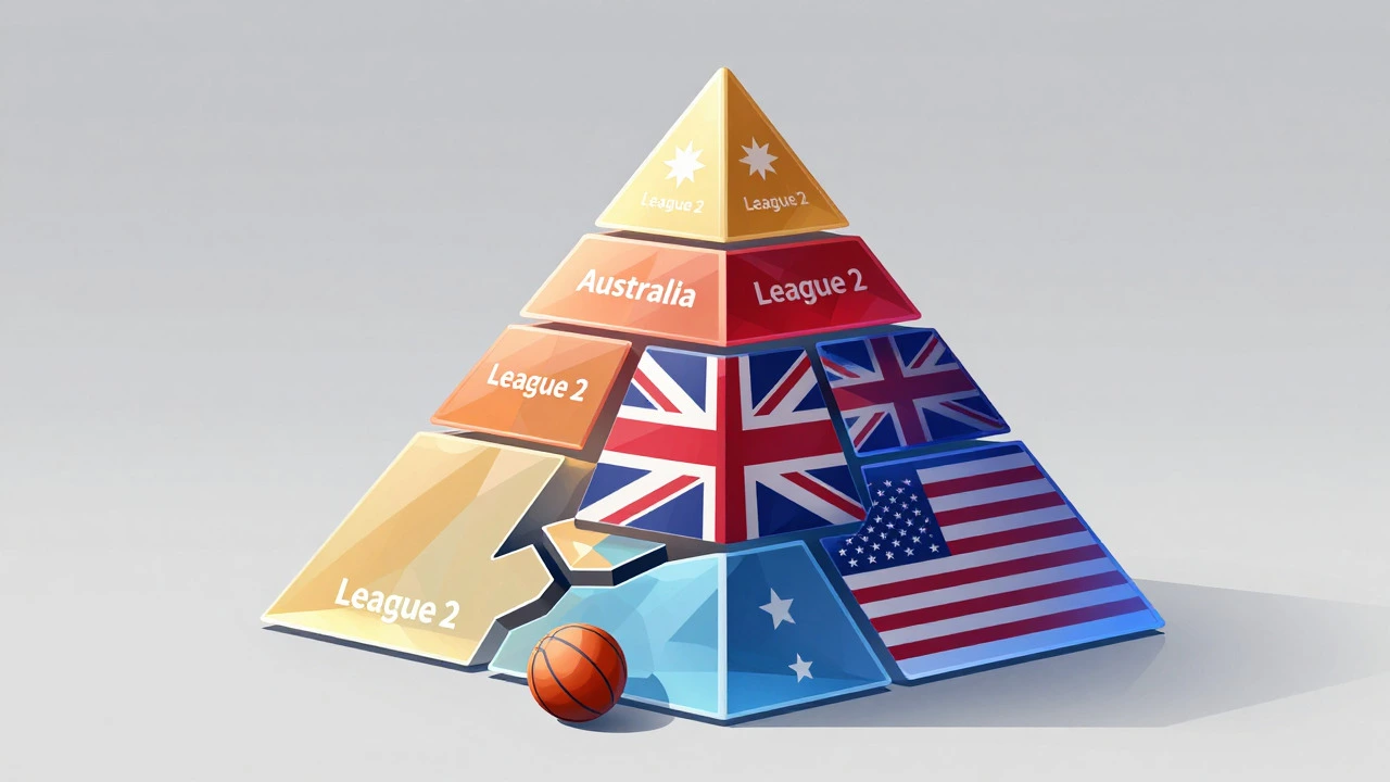 Conceptual illustration of a fragmented pyramid representing global sports league hierarchies