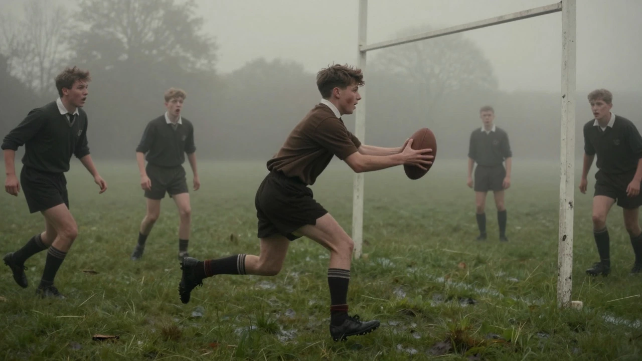 Dramatic illustration of a student picking up the ball during a misty 1823 school match