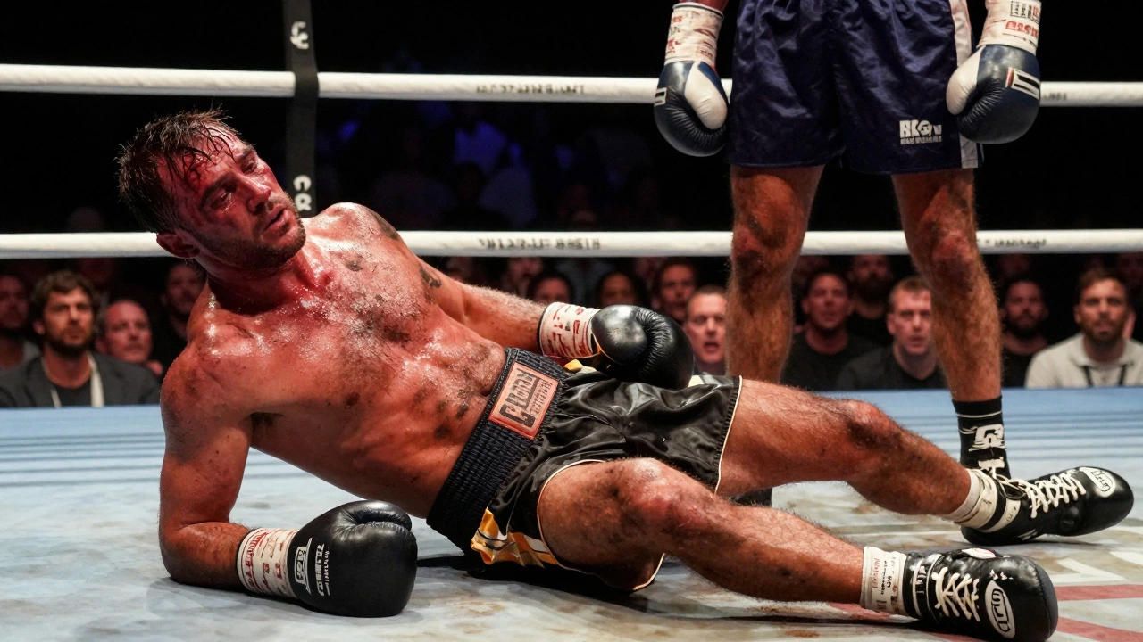 Exhausted boxers collapsing in the ring during the final round of a brutal seven-hour fight.