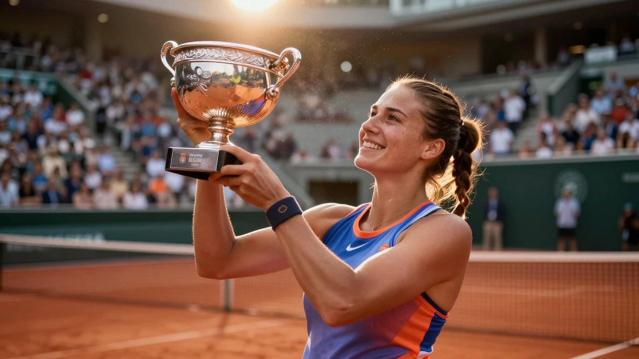 Female tennis champion lifting a trophy on the red clay courts of Roland Garros