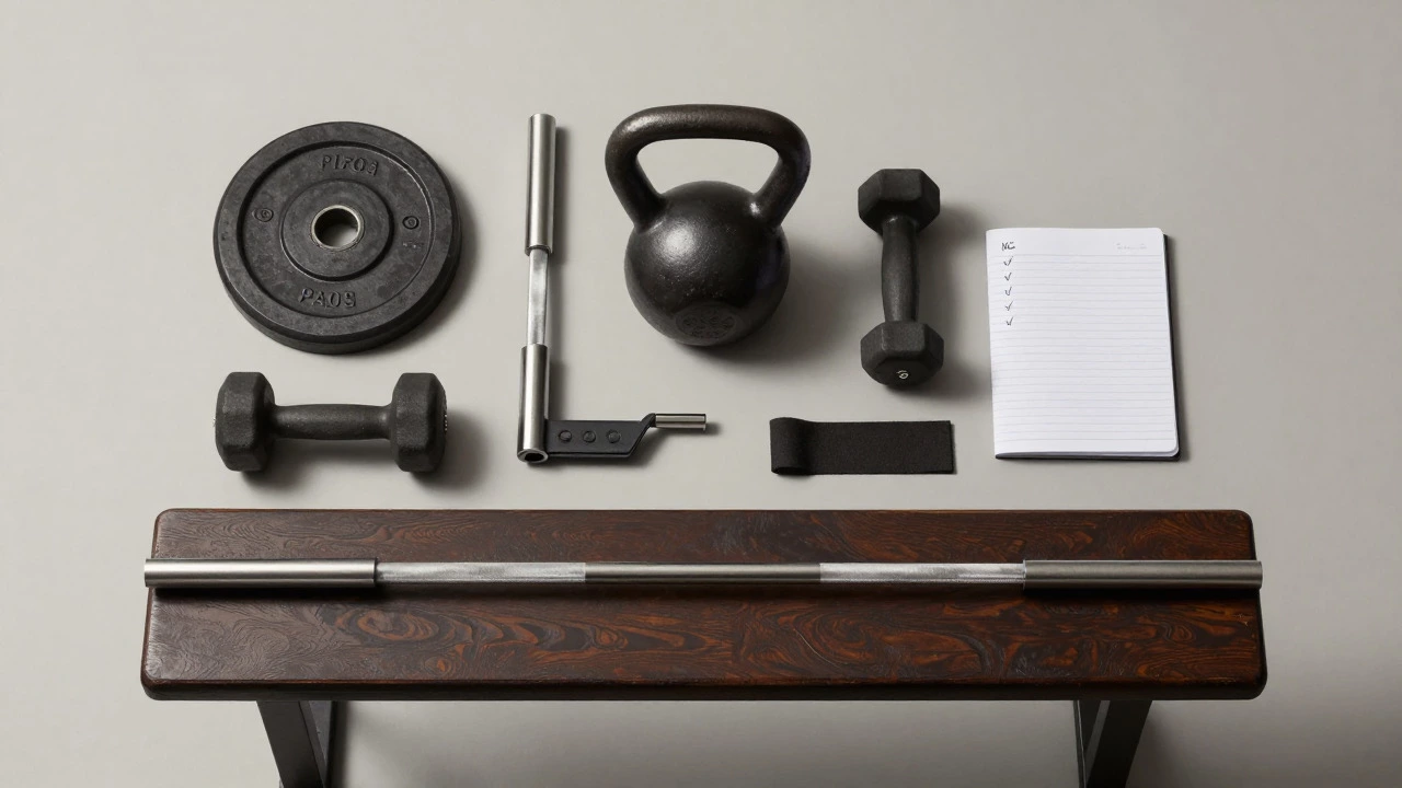 Five essential gym tools and a workout log on a bench