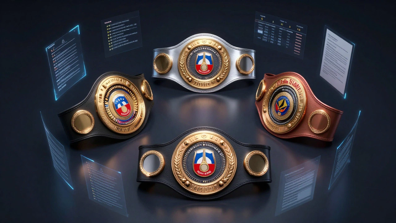 Four championship belts arranged in a circle on a dark surface