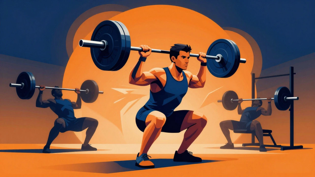 Graphic illustration of a squat surrounded by other core strength exercises