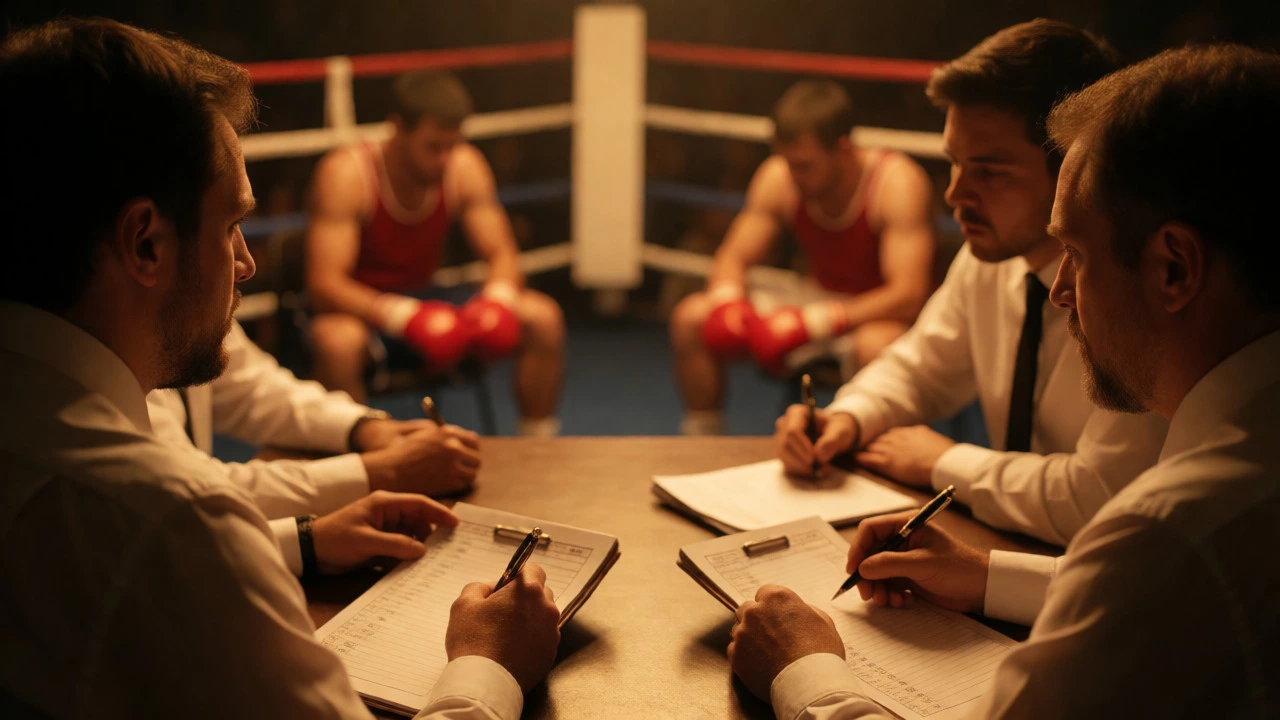 Judges scoring a boxing match decision from ringside