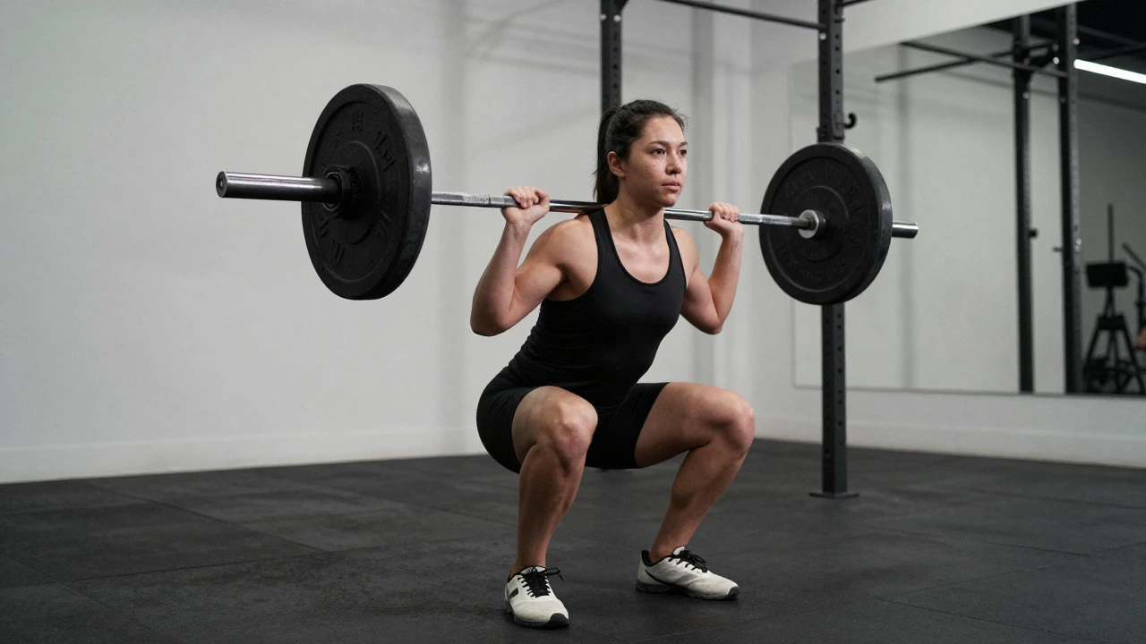 Person performing a barbell squat with proper form in a gym setting