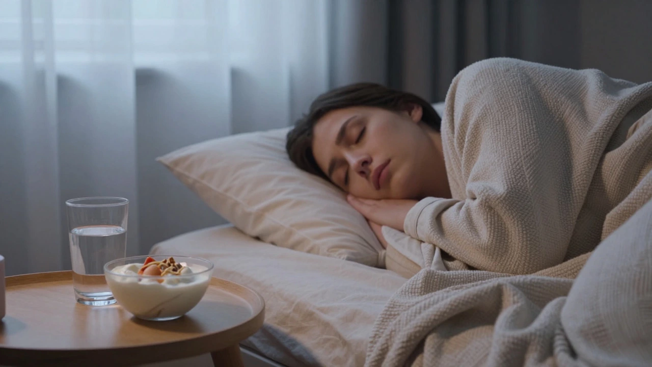 Person sleeping peacefully in a dimly lit room with healthy food nearby