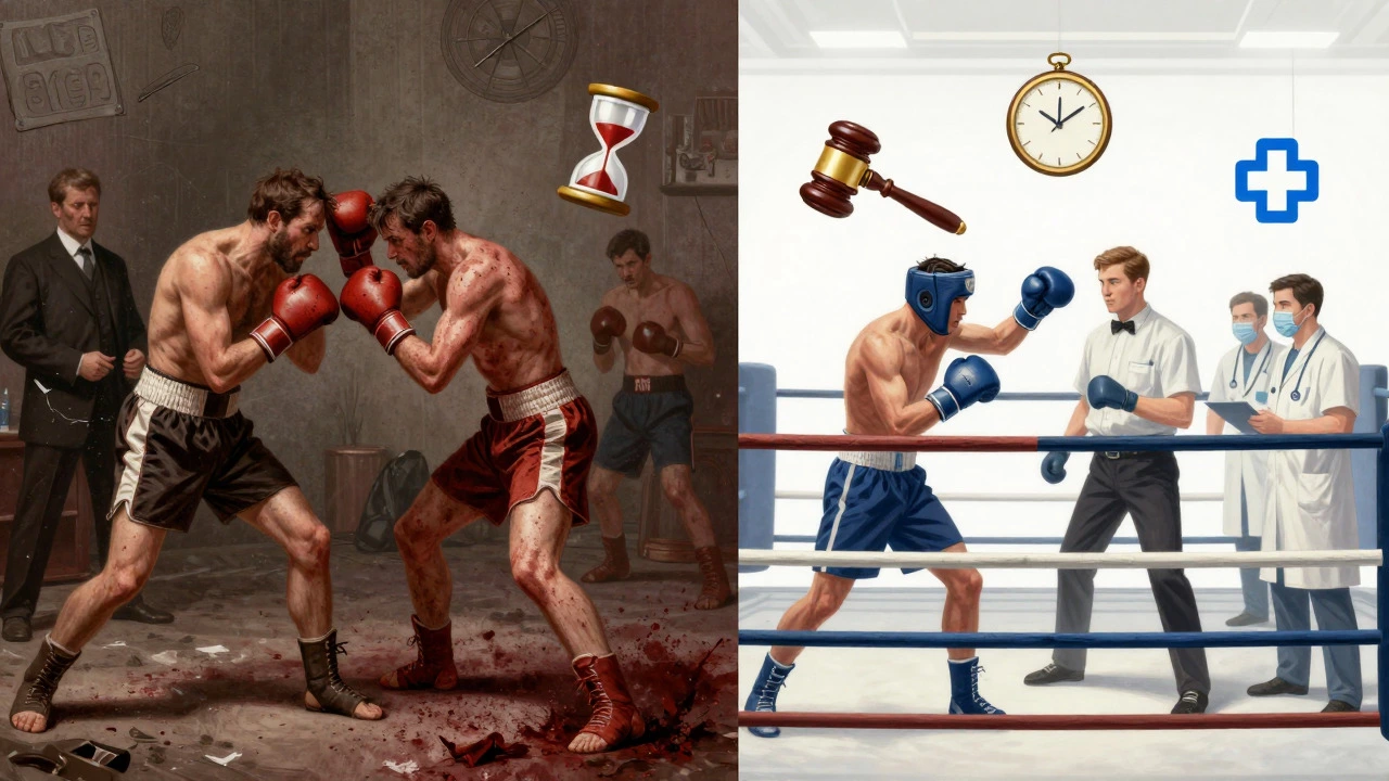 Split image comparing the brutal 1893 boxing match with modern regulated professional boxing.