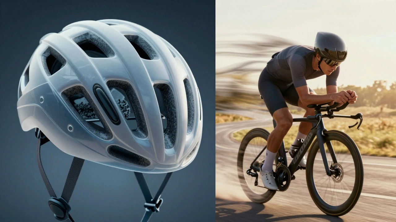 Split view of helmet safety tech and cyclist aerodynamics