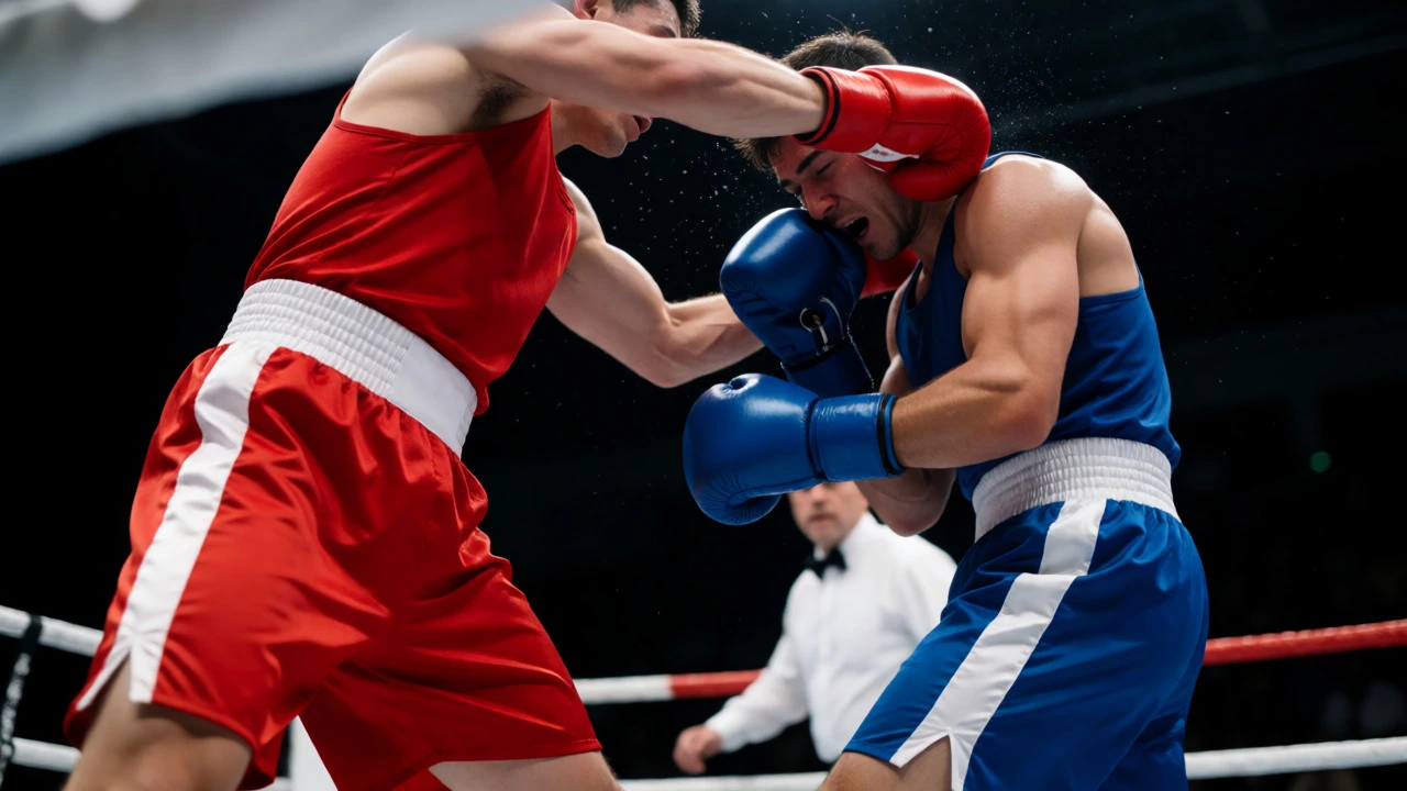 A boxer landing a clean punch causing an opponent to reel back.