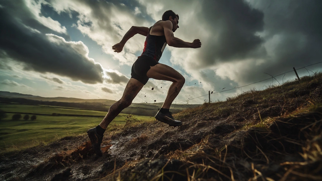 A runner climbing a steep muddy hill, demonstrating power-to-weight ratio efforts.
