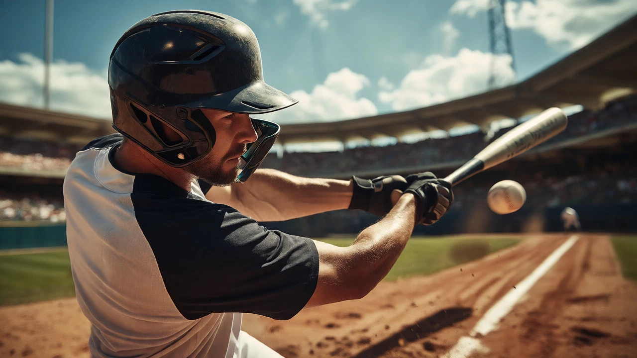 Baseball batter swinging with a protective face mask and helmet