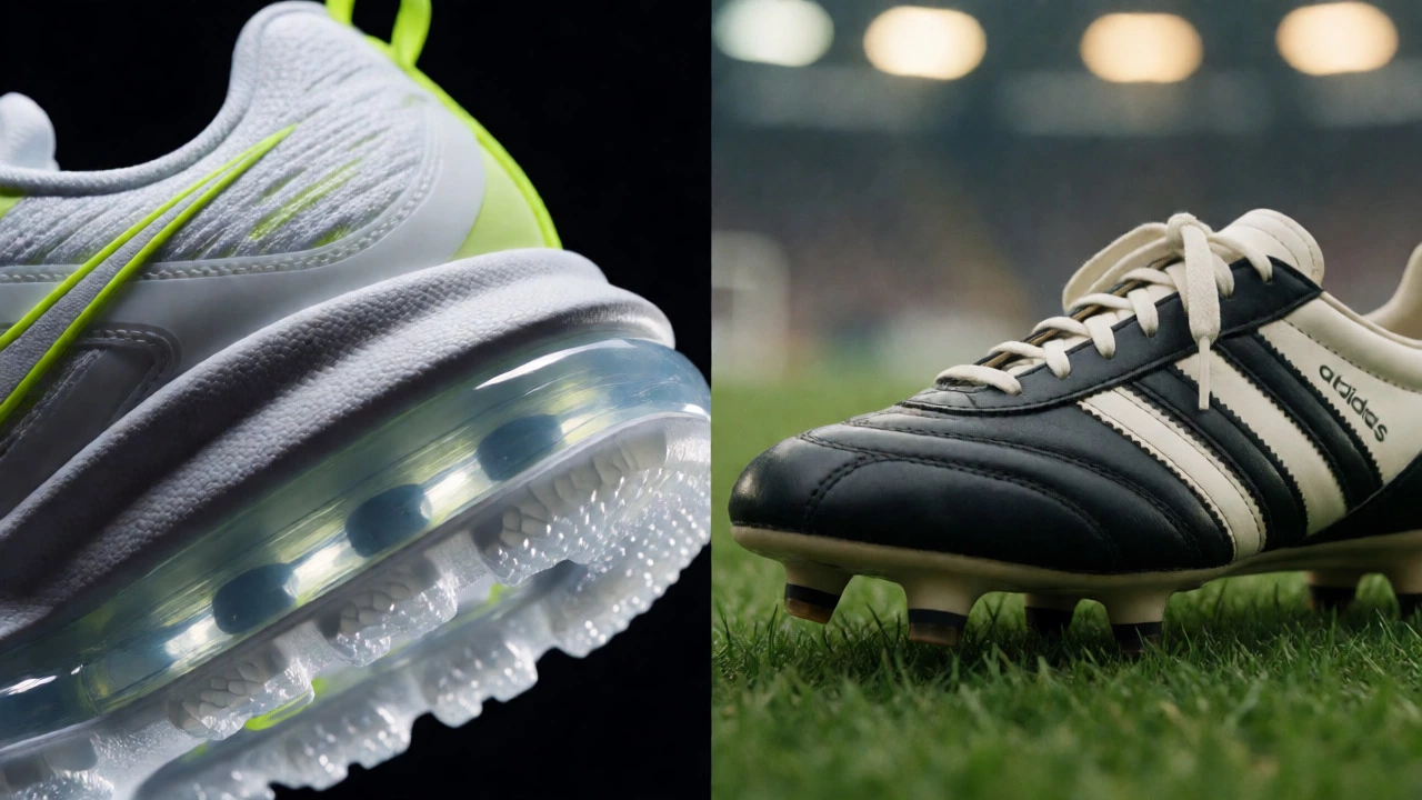 Close-up comparison of a Nike sneaker sole and an Adidas football boot.