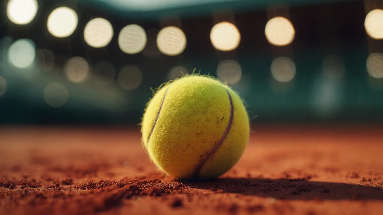 Close-up of a tennis ball on a clay court under stadium lights