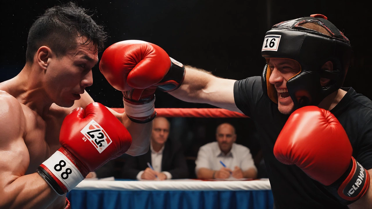 Contrast between a serious pro fighter with judges and a celebrity in headgear during an exhibition.