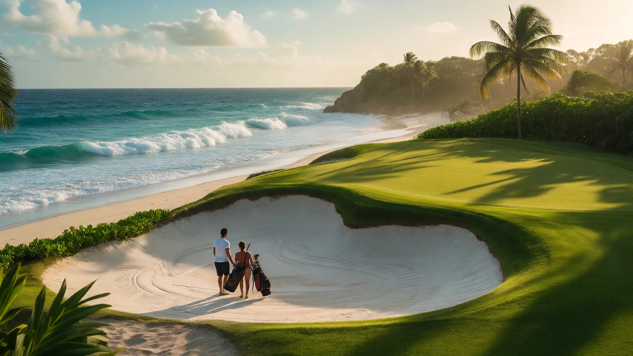 Couple walking on a tropical beachfront golf course in Bahia with ocean views during sunset.