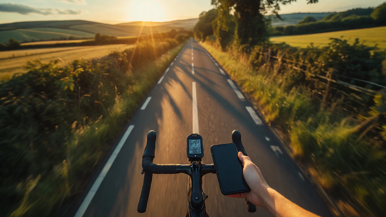 Cyclist with cycling computer riding through countryside at sunset