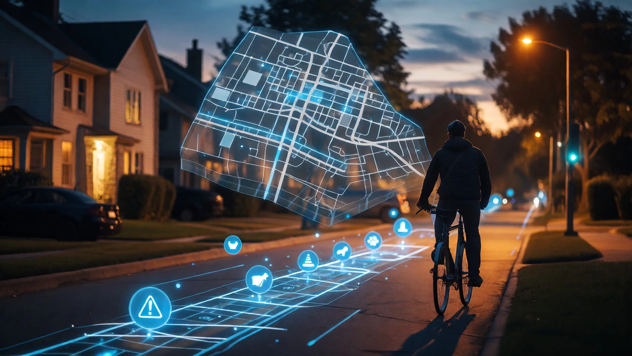 Digital hazard warnings hovering over a suburban street as a cyclist rides