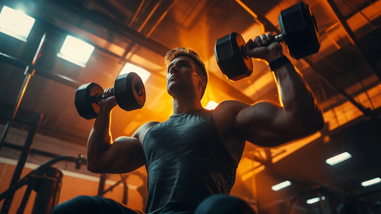 Focused athlete doing upper body dumbbell exercises under evening gym lights.