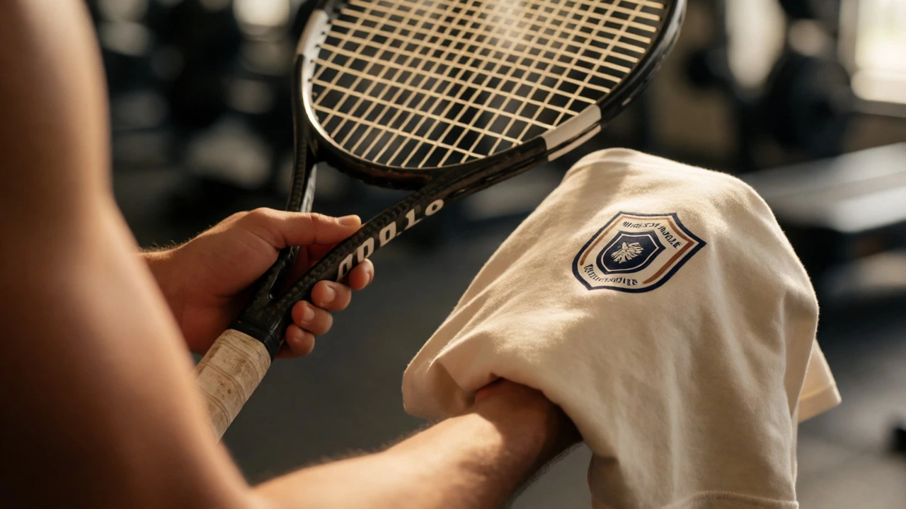 Hands holding a tennis racket and a branded jersey to show equipment vs merchandise.