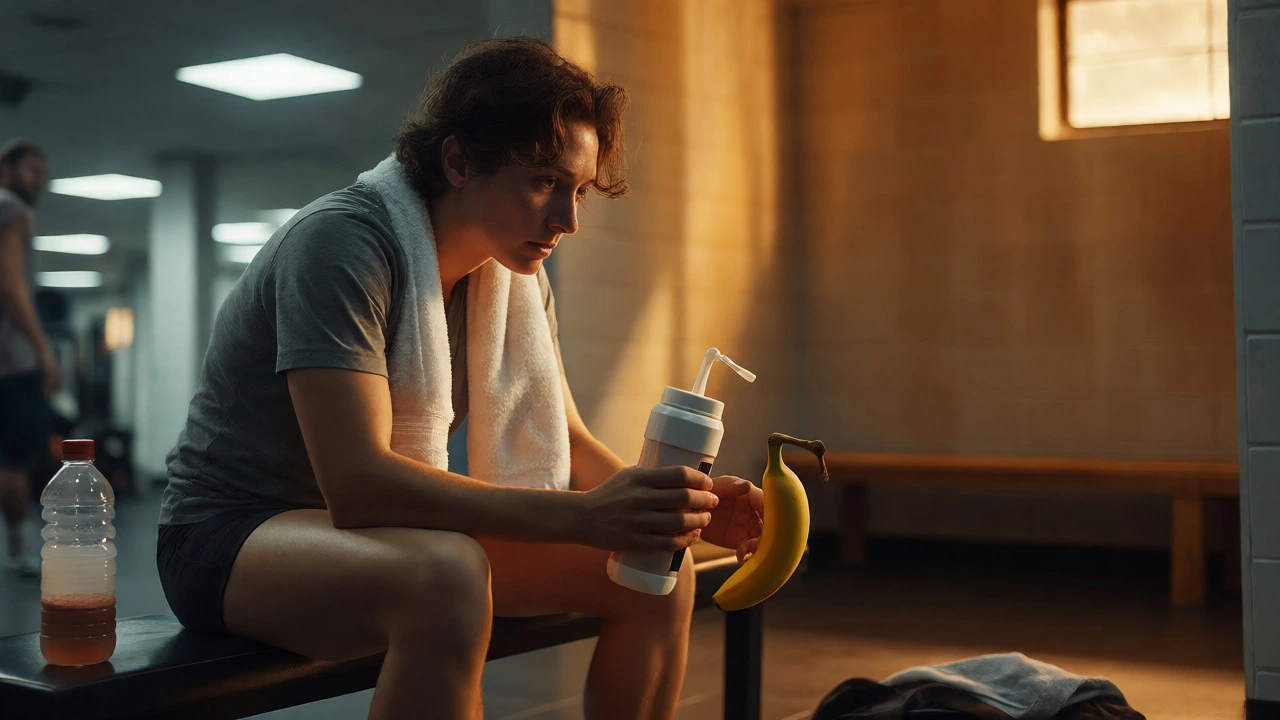 Person taking a nutritional break with a snack and drink between workouts.