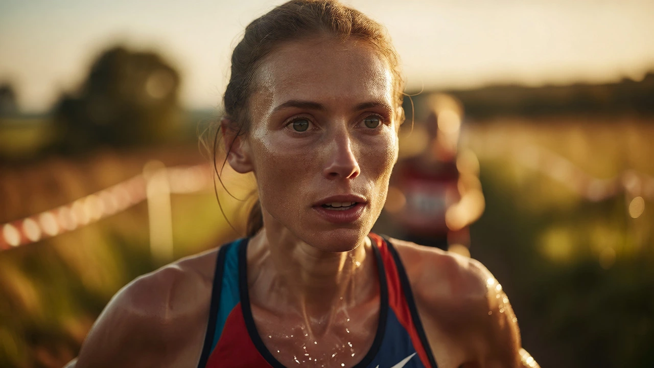 Post-race portrait of a lean female runner showing low body fat and fatigue.