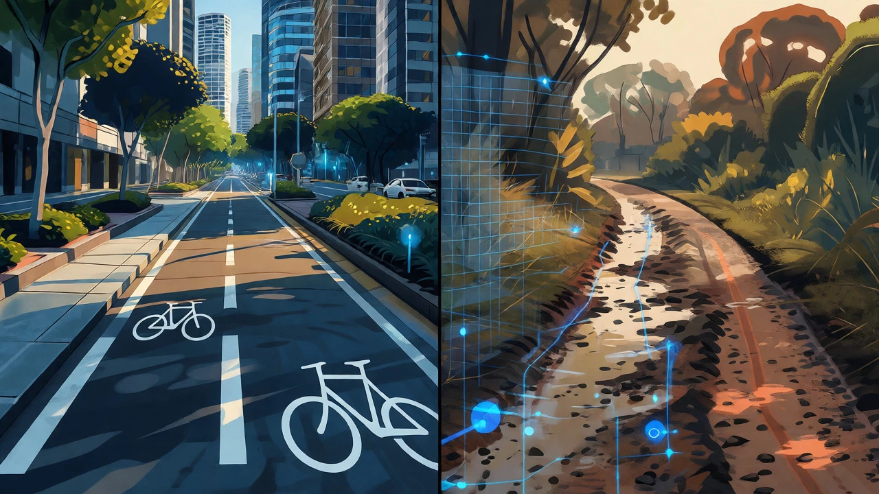 Split view comparing accurate urban bike lanes with misleading rural paths