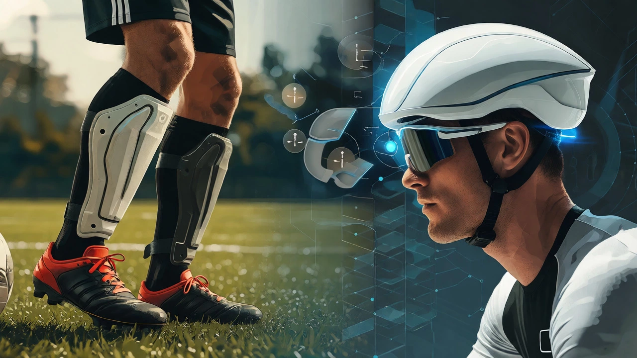 Split view comparing traditional soccer gear with a smart cycling helmet