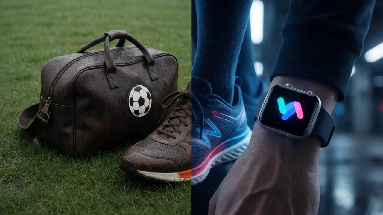 Split view of a soccer kit bag on grass and a smartwatch on a wrist.