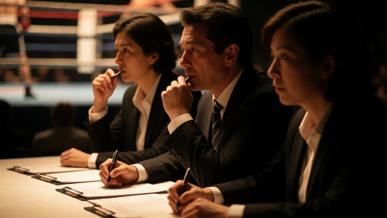 Three judges analyzing scorecards ringside during a boxing match.