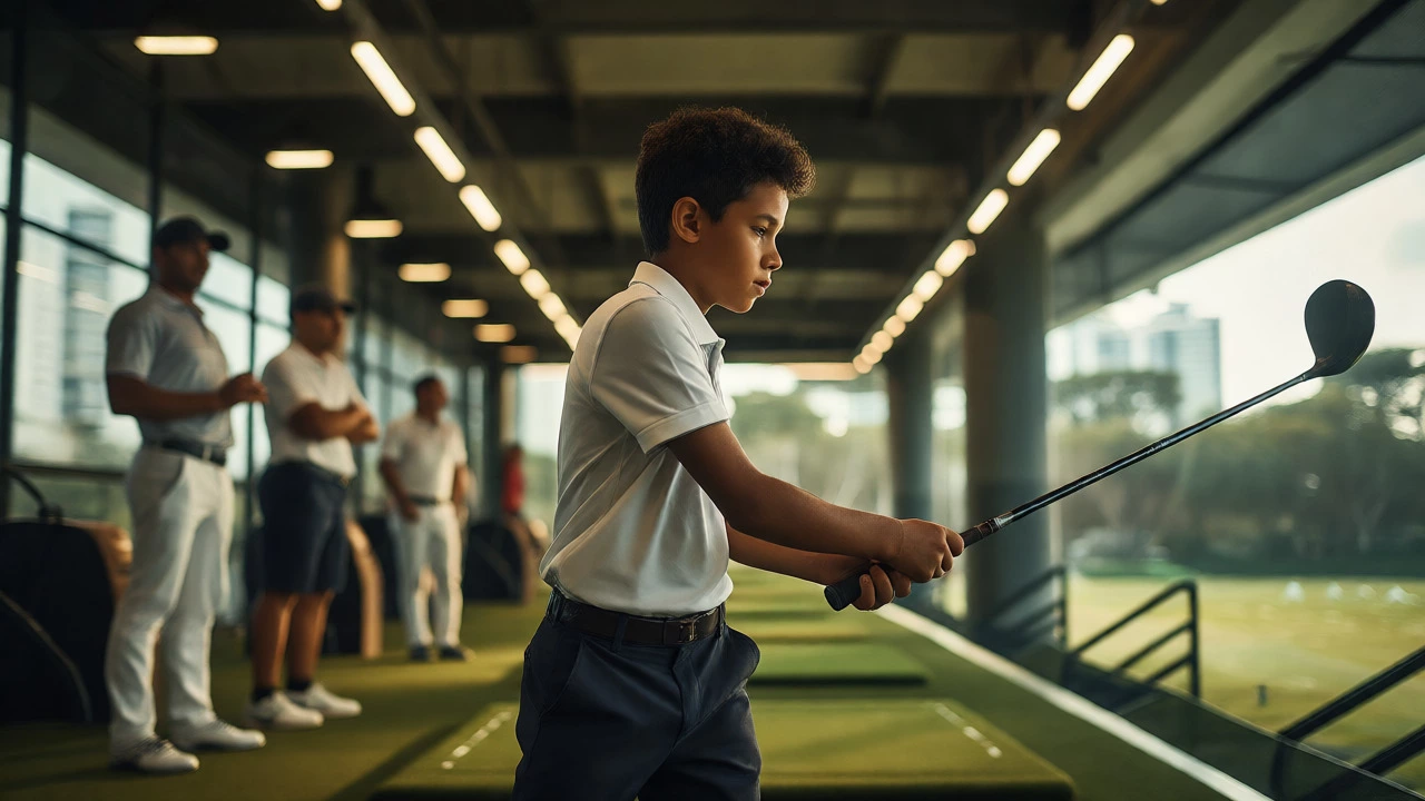 Young Brazilian junior golfer practicing his swing at a modern driving range in São Paulo.