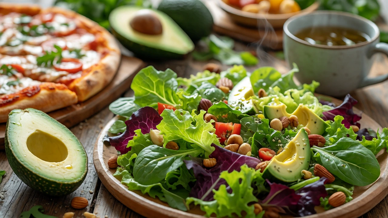 A balanced meal featuring fresh vegetables, healthy fats, and pizza on a wooden table.
