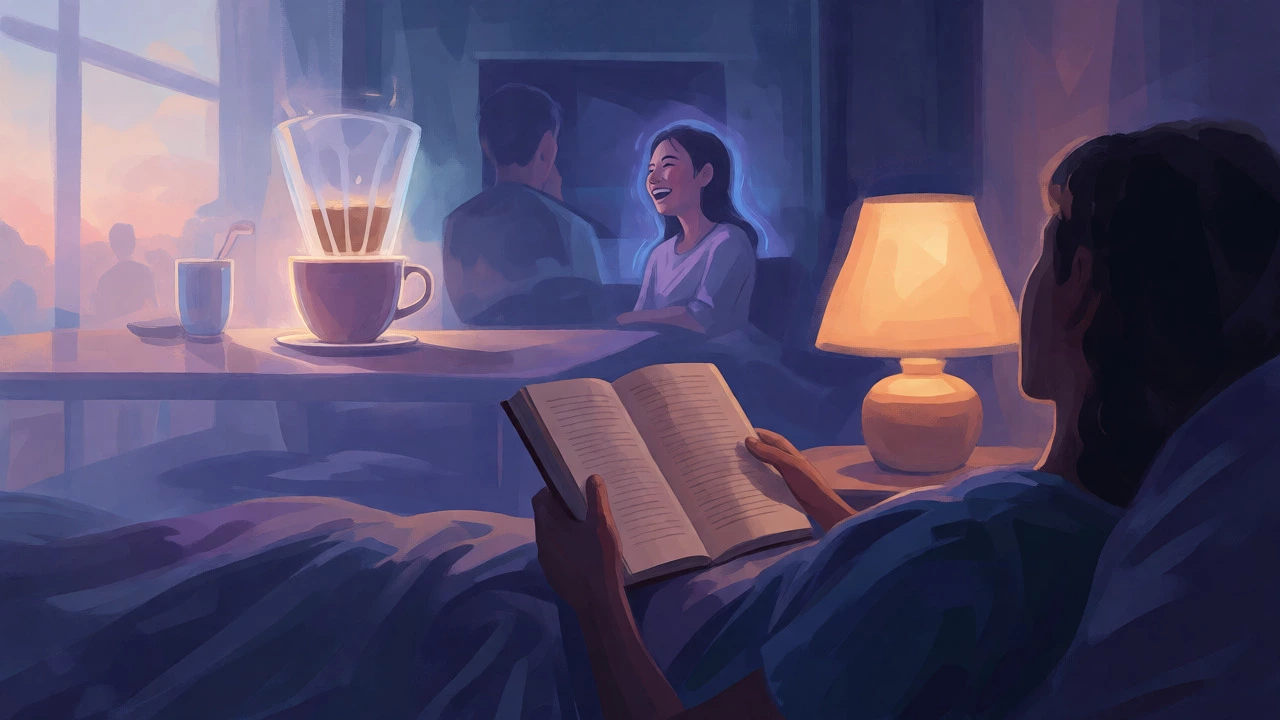 A person reading in bed at night, surrounded by calm, warm lighting.
