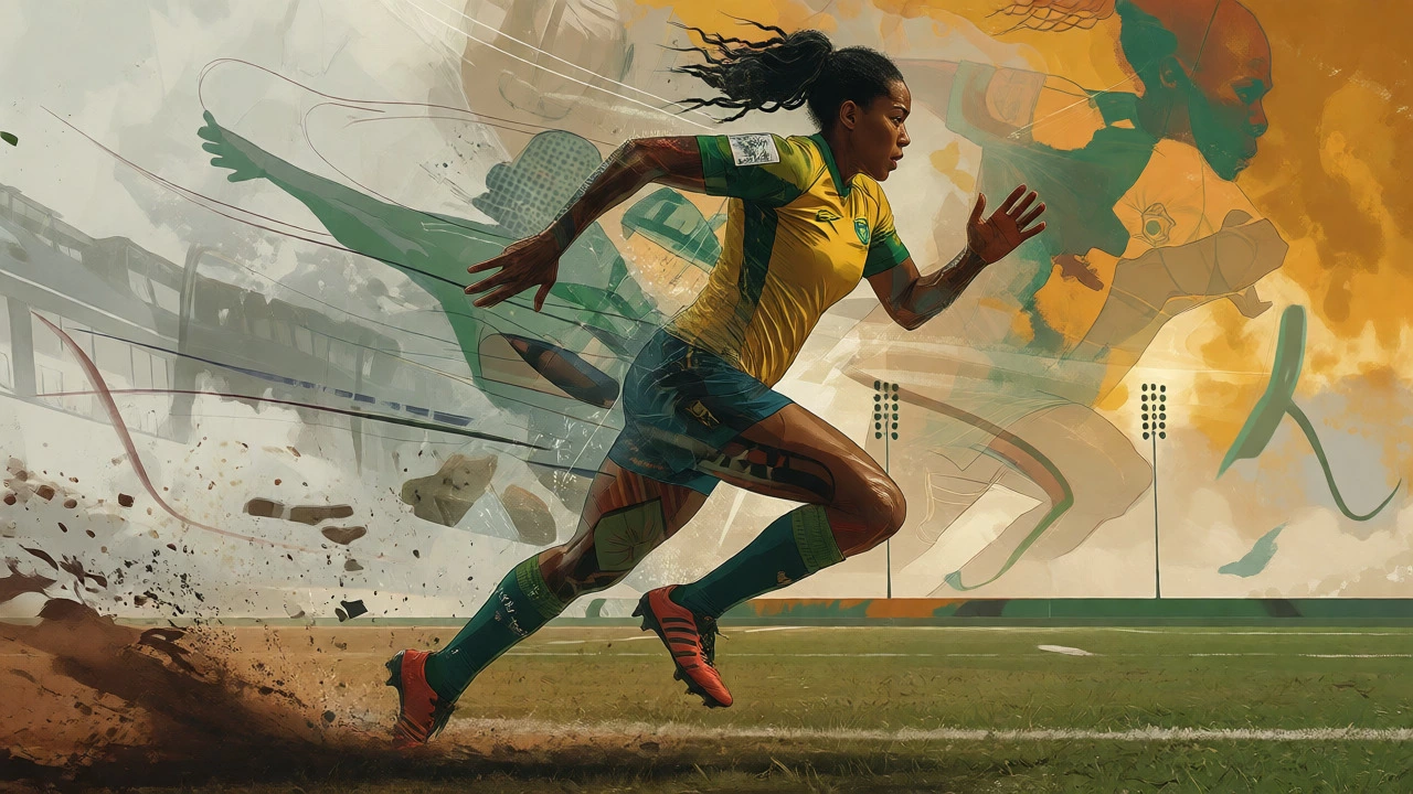 Artistic depiction of a Brazilian female rugby player symbolizing multicultural unity and resilience.