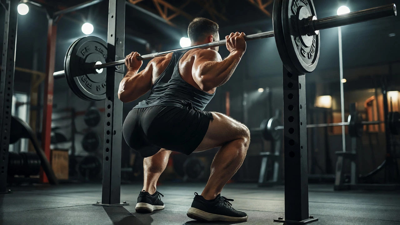 Athlete performing a perfect barbell back squat in a power rack