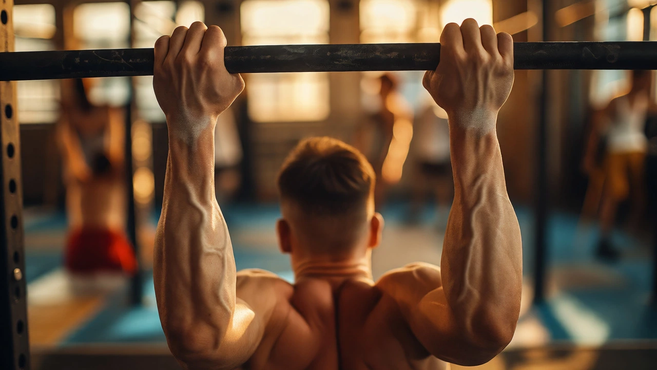 Close-up of hands gripping a pull-up bar during a vertical pull