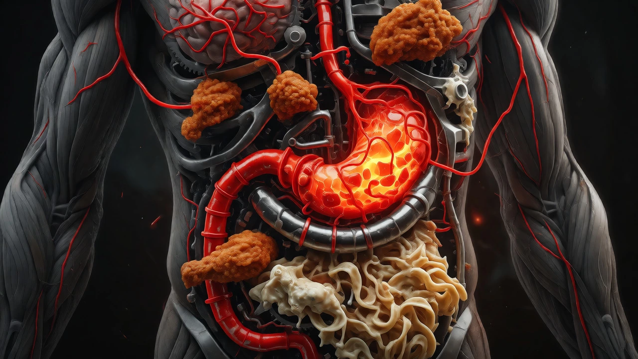 Conceptual art showing heavy foods blocking muscle energy flow